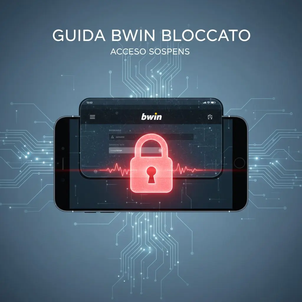 Banner con schermo login Bwin, simbolo blocco rosso ed elementi digitali di sicurezza.