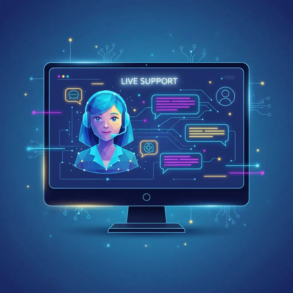 Illustrazione assistenza clienti Bwin tramite chat online su ambiente digitale.