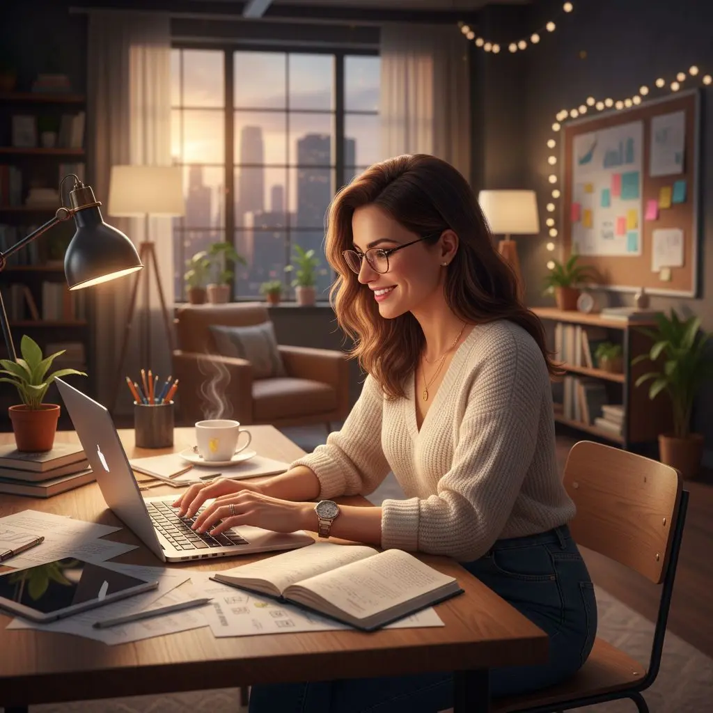 Ritratto di content writer professionale con laptop e appunti