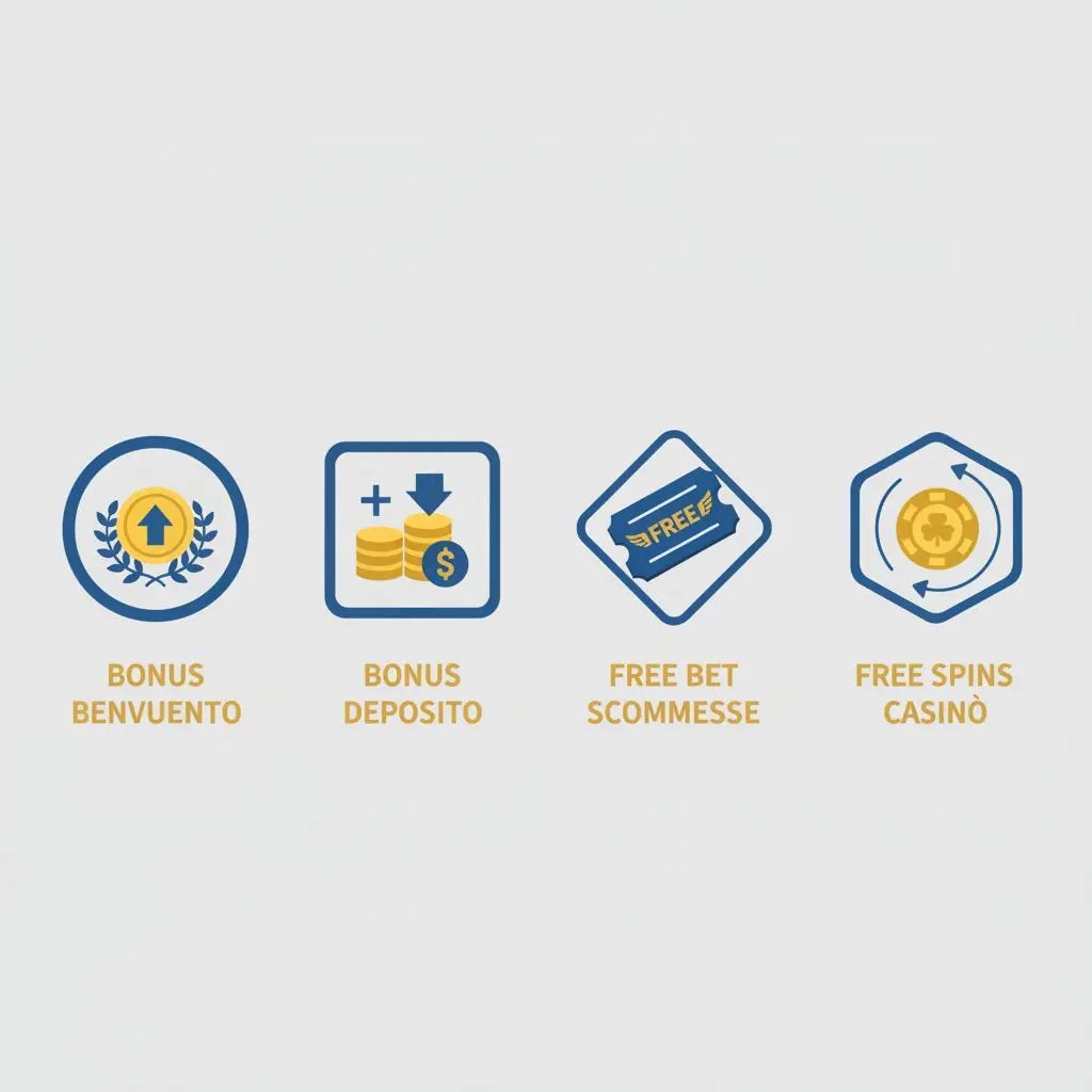 Tipi di bonus bwin: benvenuto, deposito, free bet, free spins in grafica informativa.