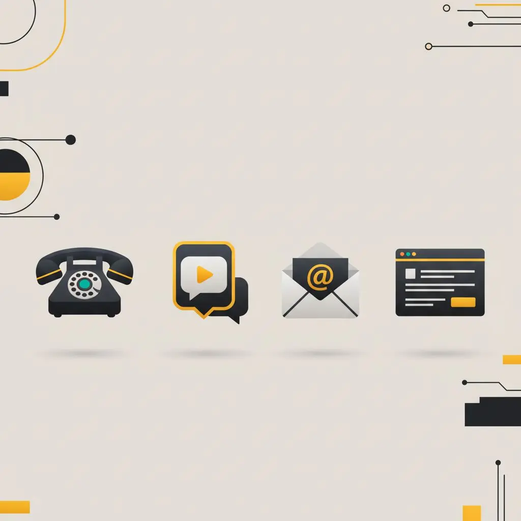 Illustrazioni dei canali di contatto bwin: telefono, chat live, email e modulo web