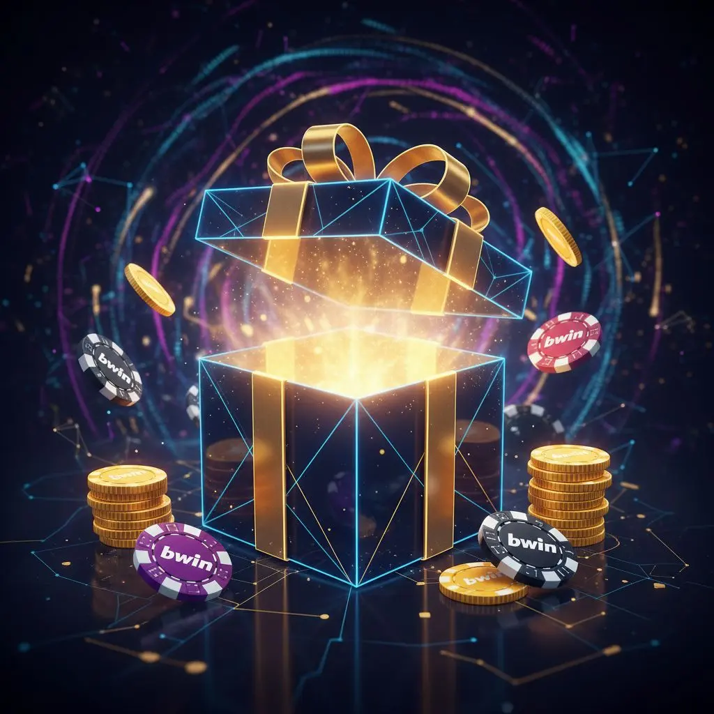 Concept bonus casinò Bwin con scatola regalo, fiches e monete dorate