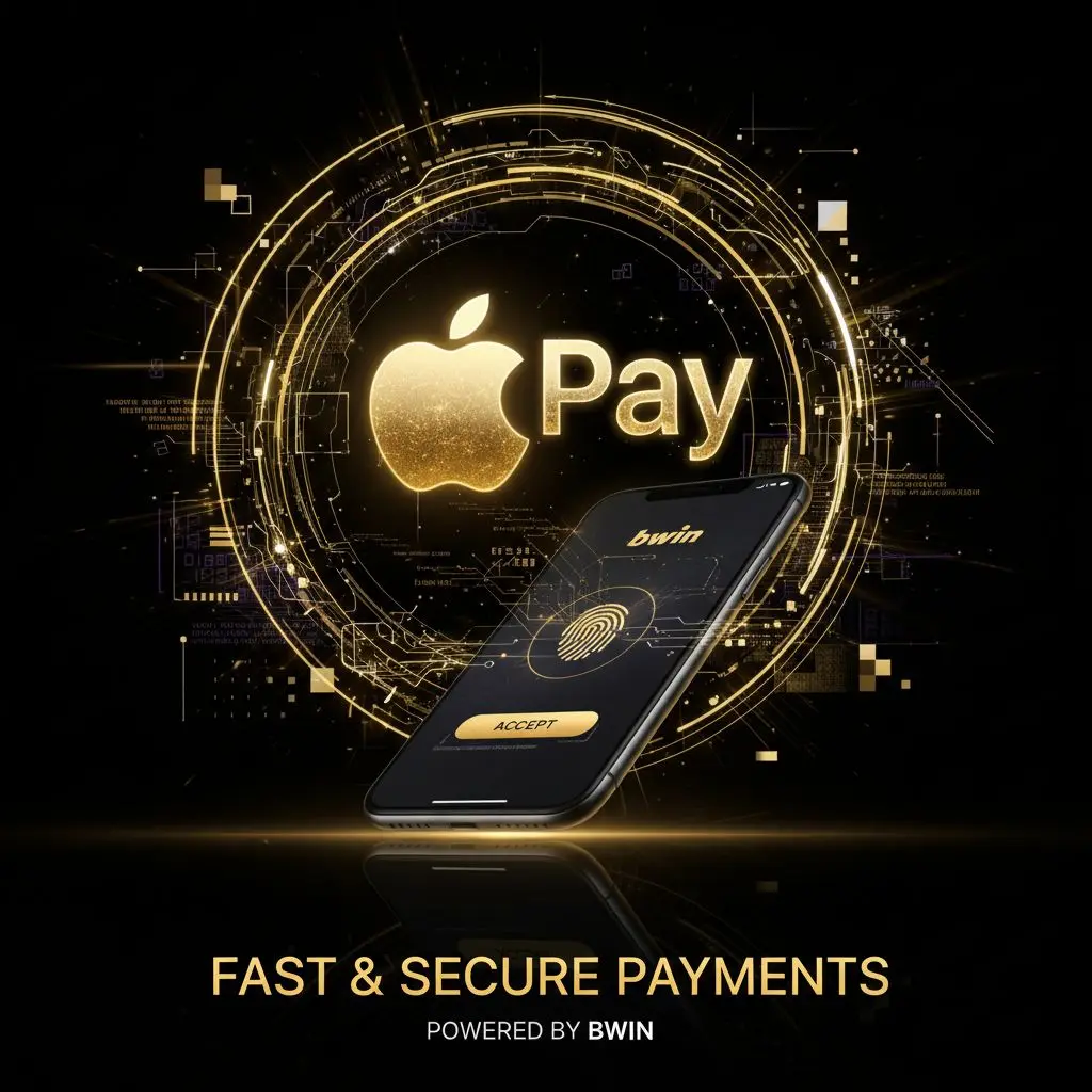 Banner con logo Apple Pay, smartphone su bwin, colori nero-oro, focus su velocità e sicurezza pagamenti.