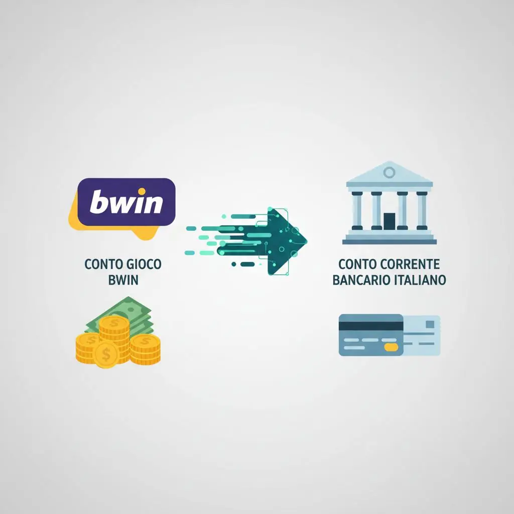 Percorso del denaro da Bwin al conto bancario tramite bonifico, illustrato con icone chiare