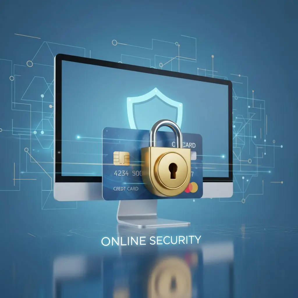 Carta di credito Bwin e icona sicurezza su schermo, concetto pagamenti sicuri online