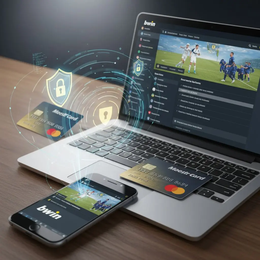 Carte Mastercard e Maestro con interfaccia Bwin su laptop e smartphone, ambiente sicuro e moderno