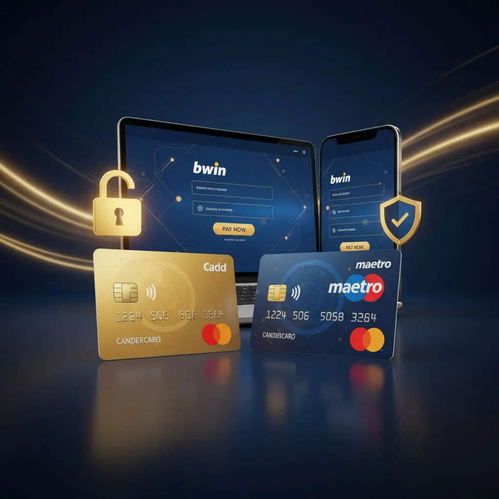 Banner con carte Mastercard/Maestro e interfaccia pagamento online Bwin, sicurezza e velocità in evidenza