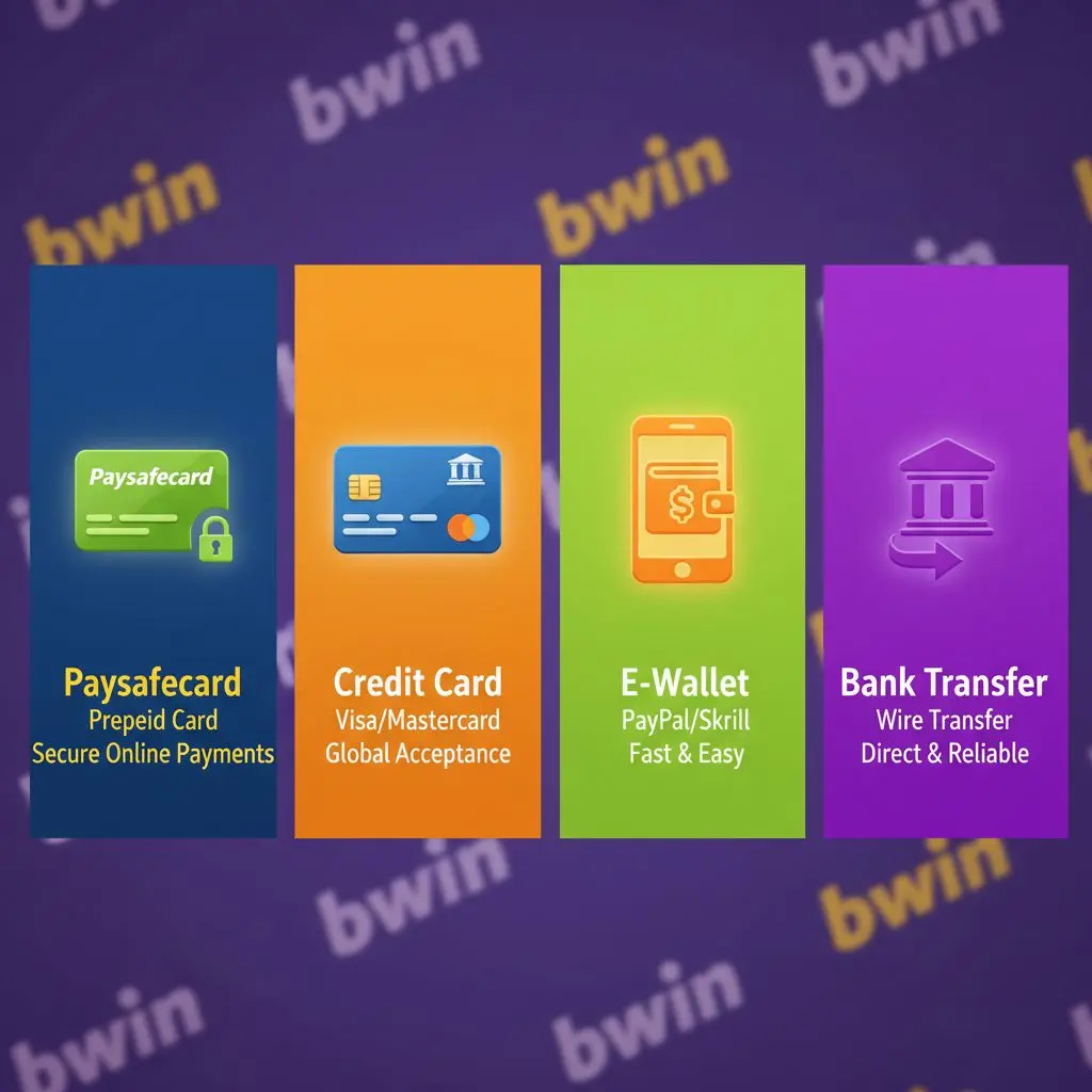 Schema comparativo metodi di pagamento su bwin con icone Paysafecard, carte, e-wallet
