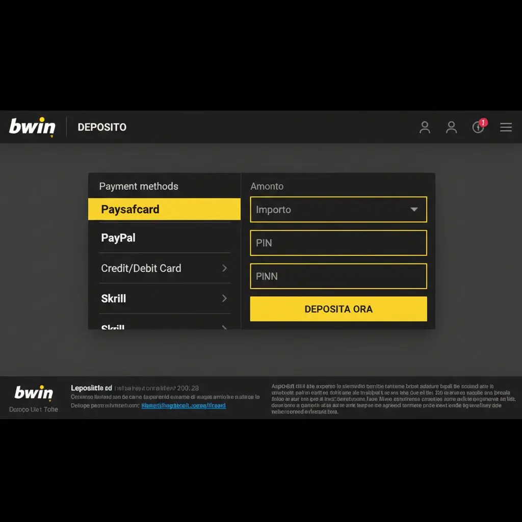 Schermata dell’interfaccia bwin con campo selezione Paysafecard, importo e PIN visibili