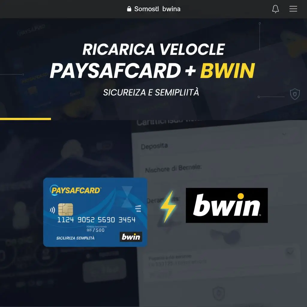 Banner digitale con carta Paysafecard, PIN e branding bwin su uno sfondo di deposito online