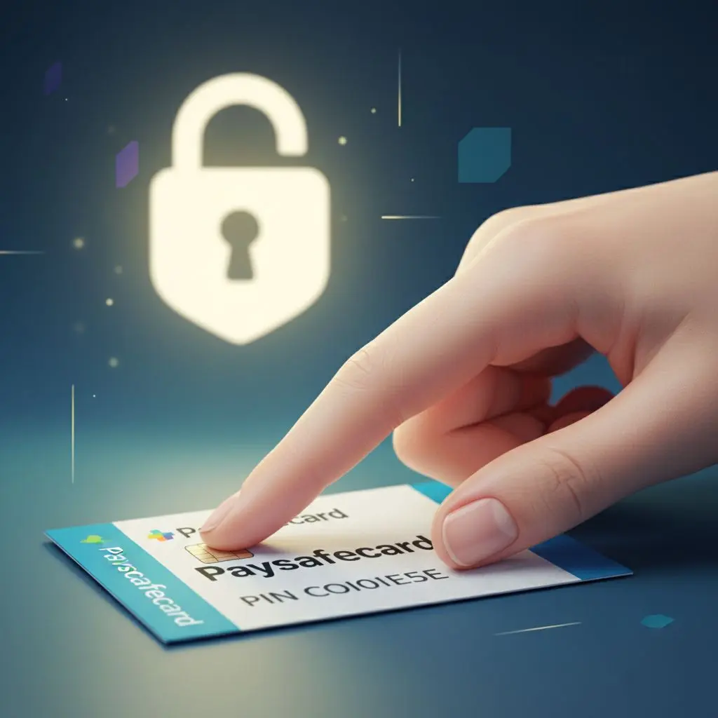 Persona copre PIN Paysafecard con mano, simbolo sicurezza e protezione dati online