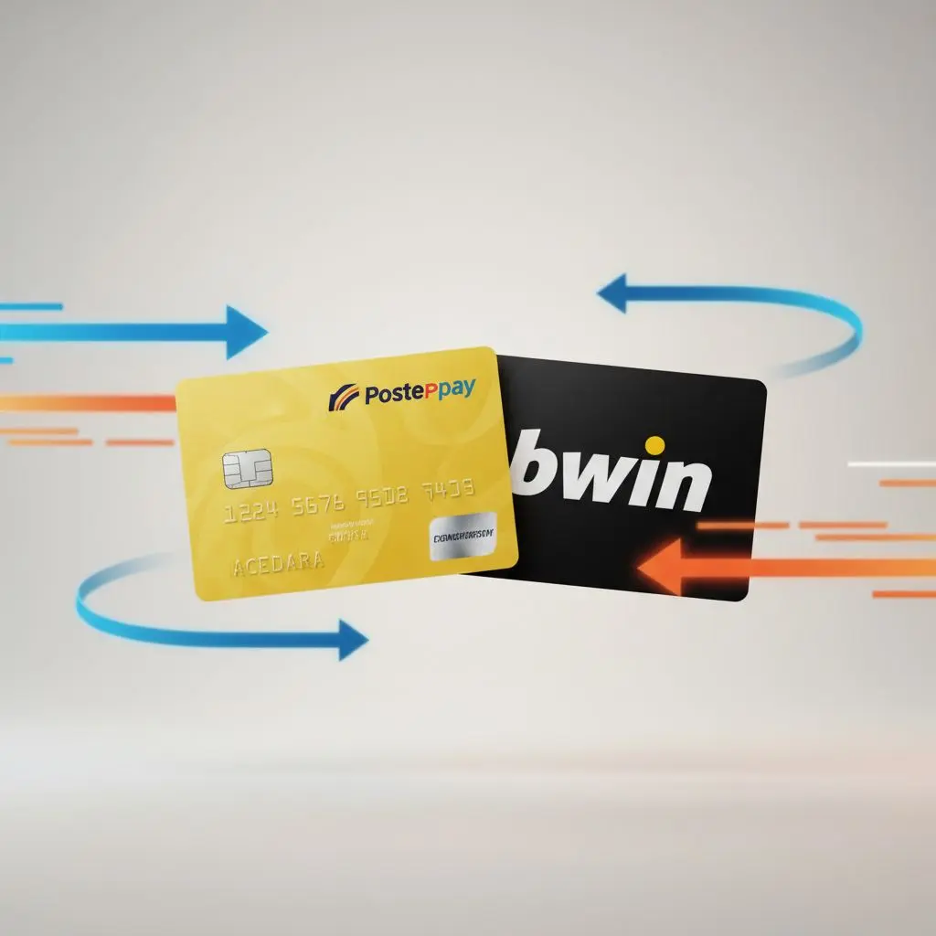 Banner con carte Postepay e logo Bwin su sfondo neutro, enfatizzando pagamenti sicuri e veloci