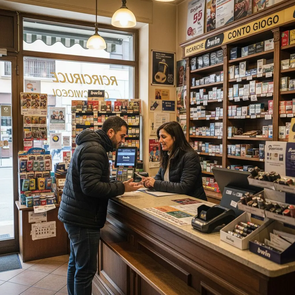 Scena in tabaccheria italiana con utente che richiede una ricarica conto gioco Bwin