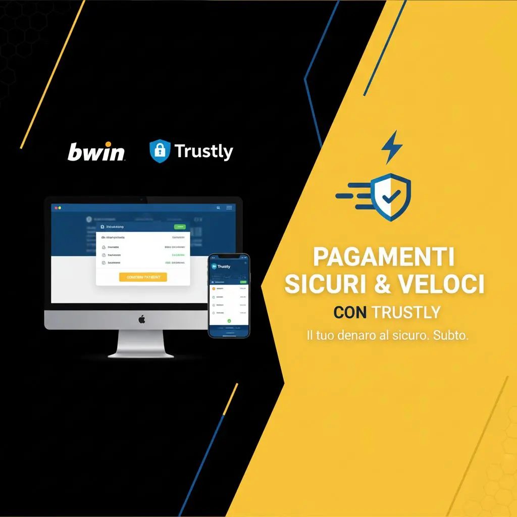 Banner con colori Bwin, loghi Trustly e Bwin, simboli di banca online e sicurezza.
