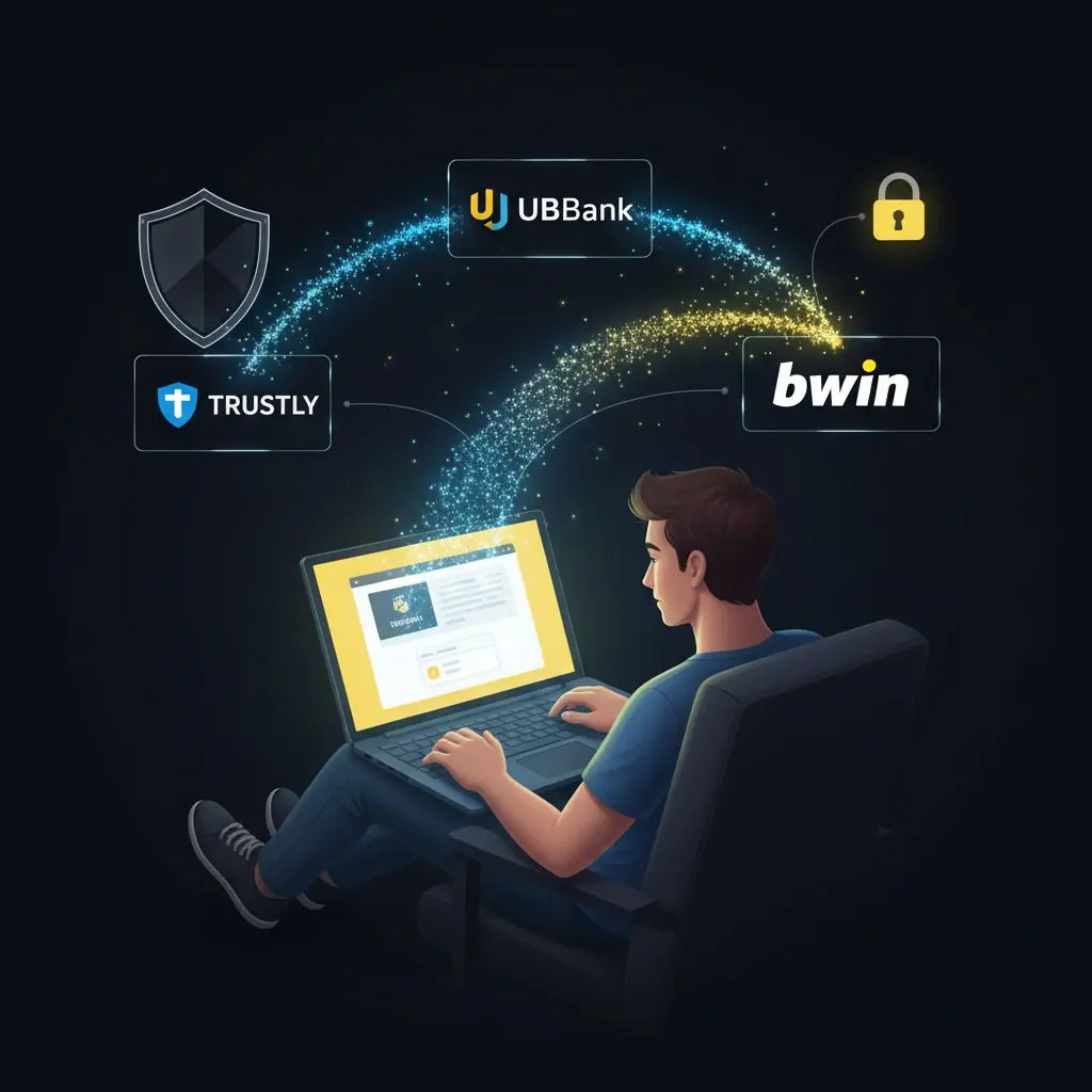 Illustrazione Trustly come ponte sicuro tra banca online e conto Bwin.