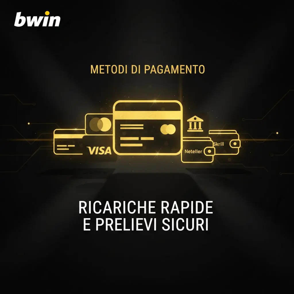 Banner metodi di pagamento Bwin con icone carte, PayPal e bonifico in stile digitale