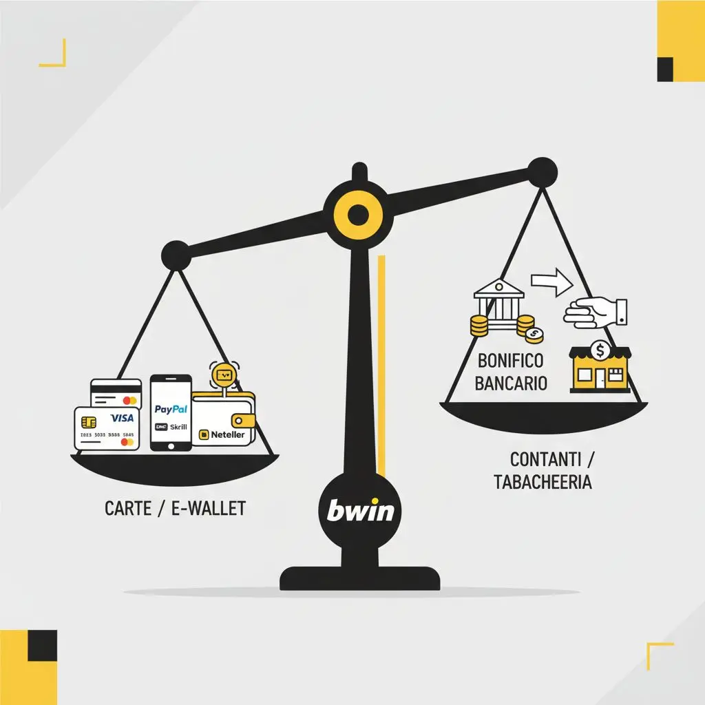 Bilancia pro e contro metodi pagamento Bwin: carta, e-wallet, bonifico, cash
