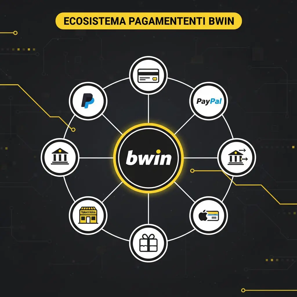 Schema ecosistema metodi di pagamento Bwin con varie icone intorno al logo