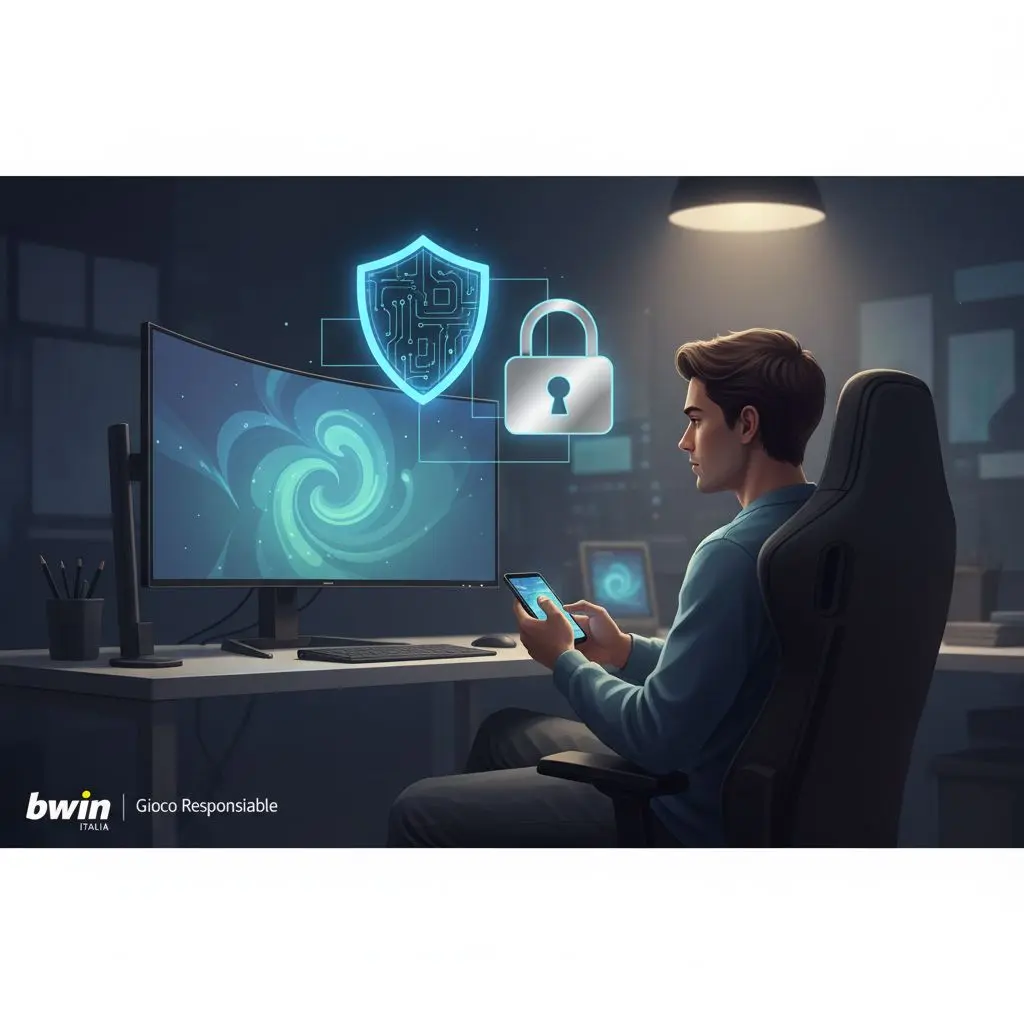 Banner gioco responsabile Bwin con icone di sicurezza e giocatore al computer