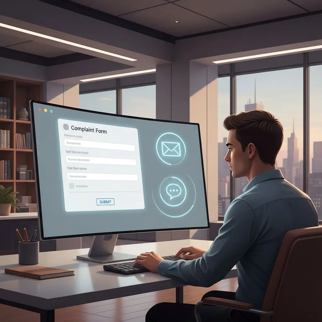 Utente invia un reclamo a Bwin tramite computer con icona email visibile.
