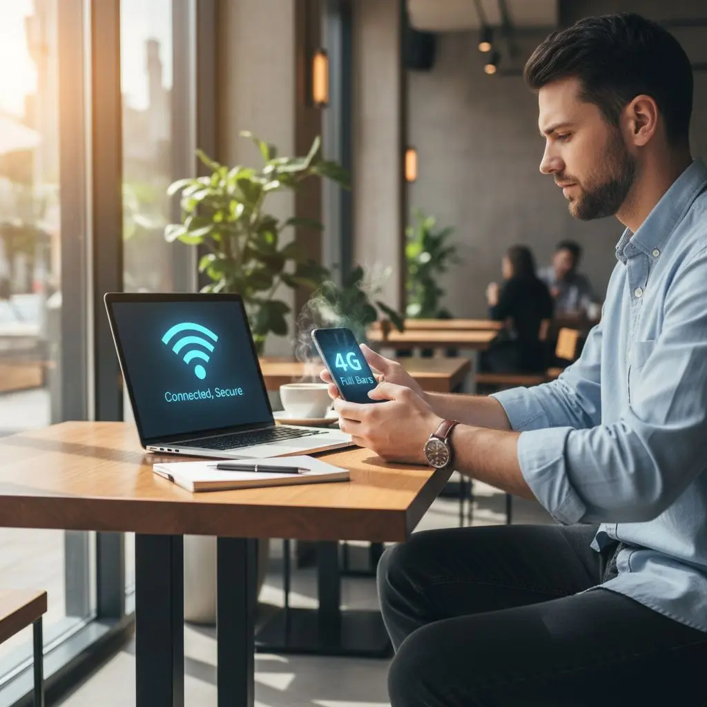 Utente controlla la connessione internet su laptop e smartphone con icone Wi-Fi e 4G.