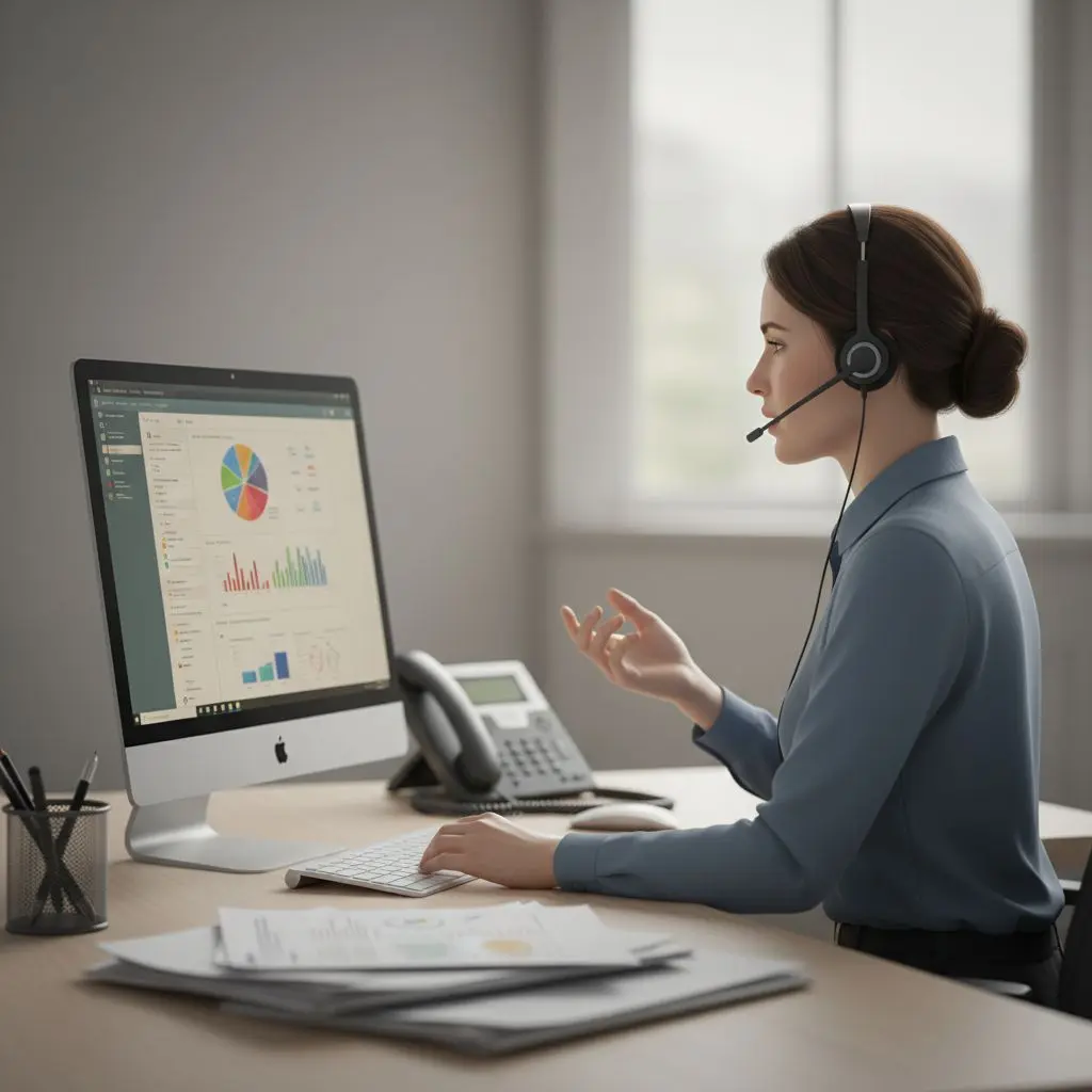 Operatore call center Bwin con telefono e documenti in ambiente professionale