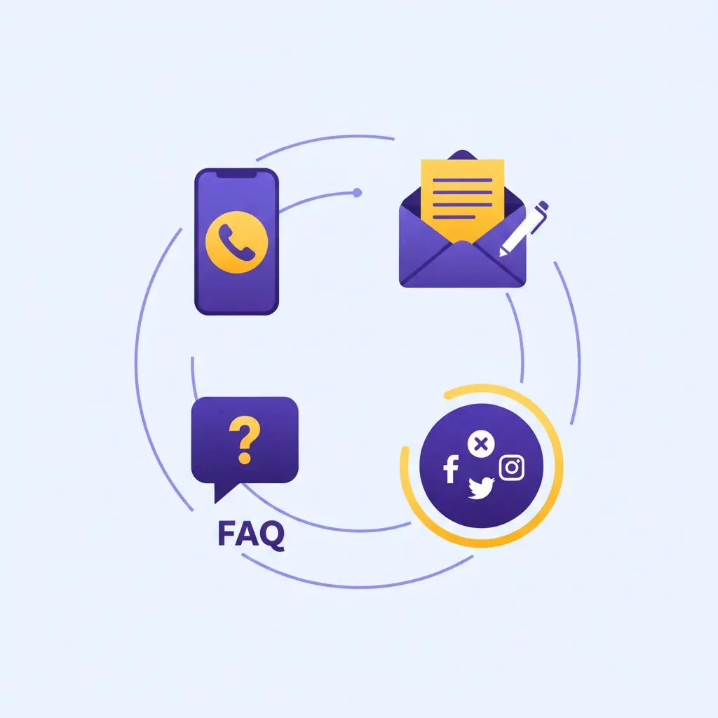 Panoramica canali assistenza Bwin: telefono, modulo, FAQ, social media
