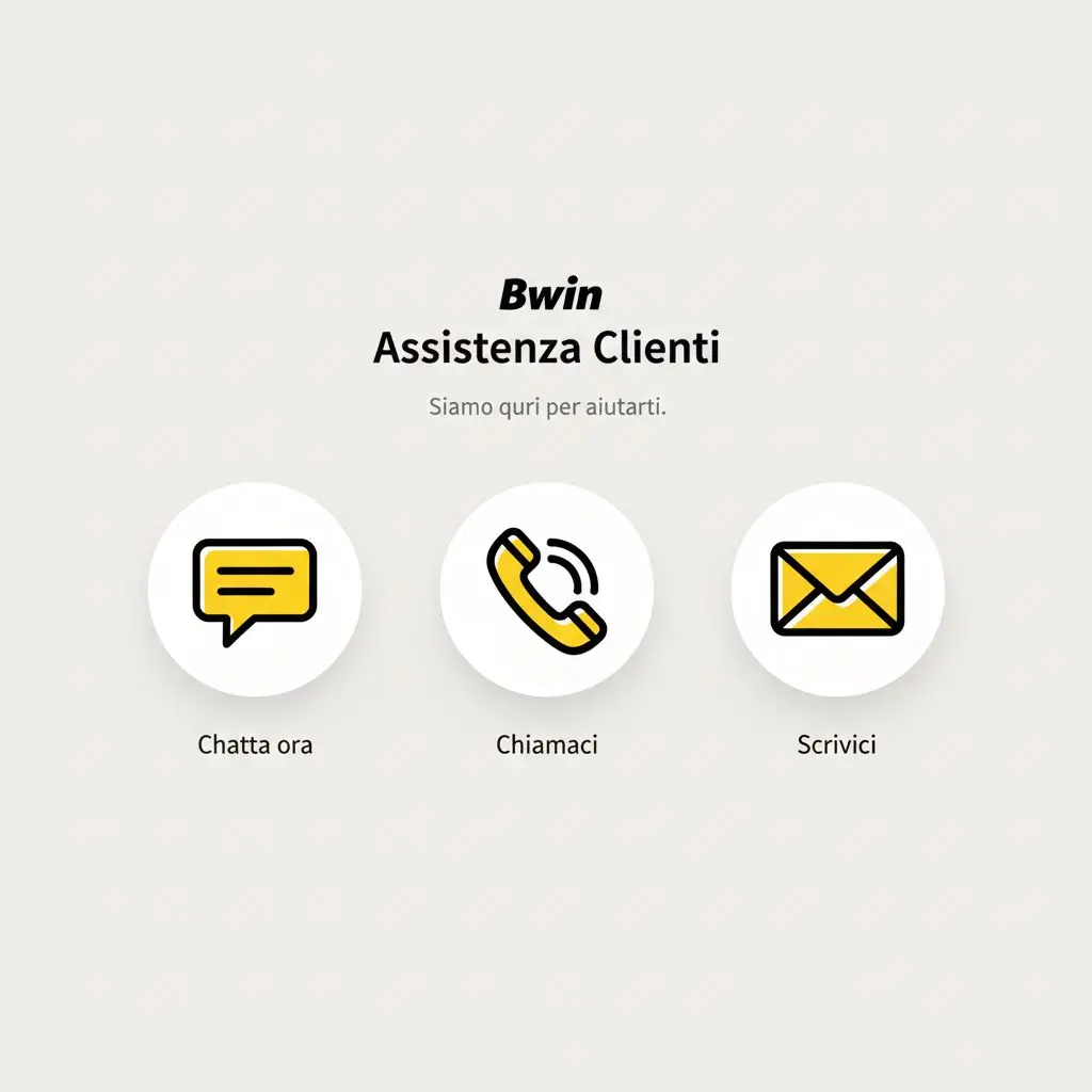 Banner con interfaccia servizio clienti Bwin, icone di aiuto chat, telefono, email su sfondo neutro